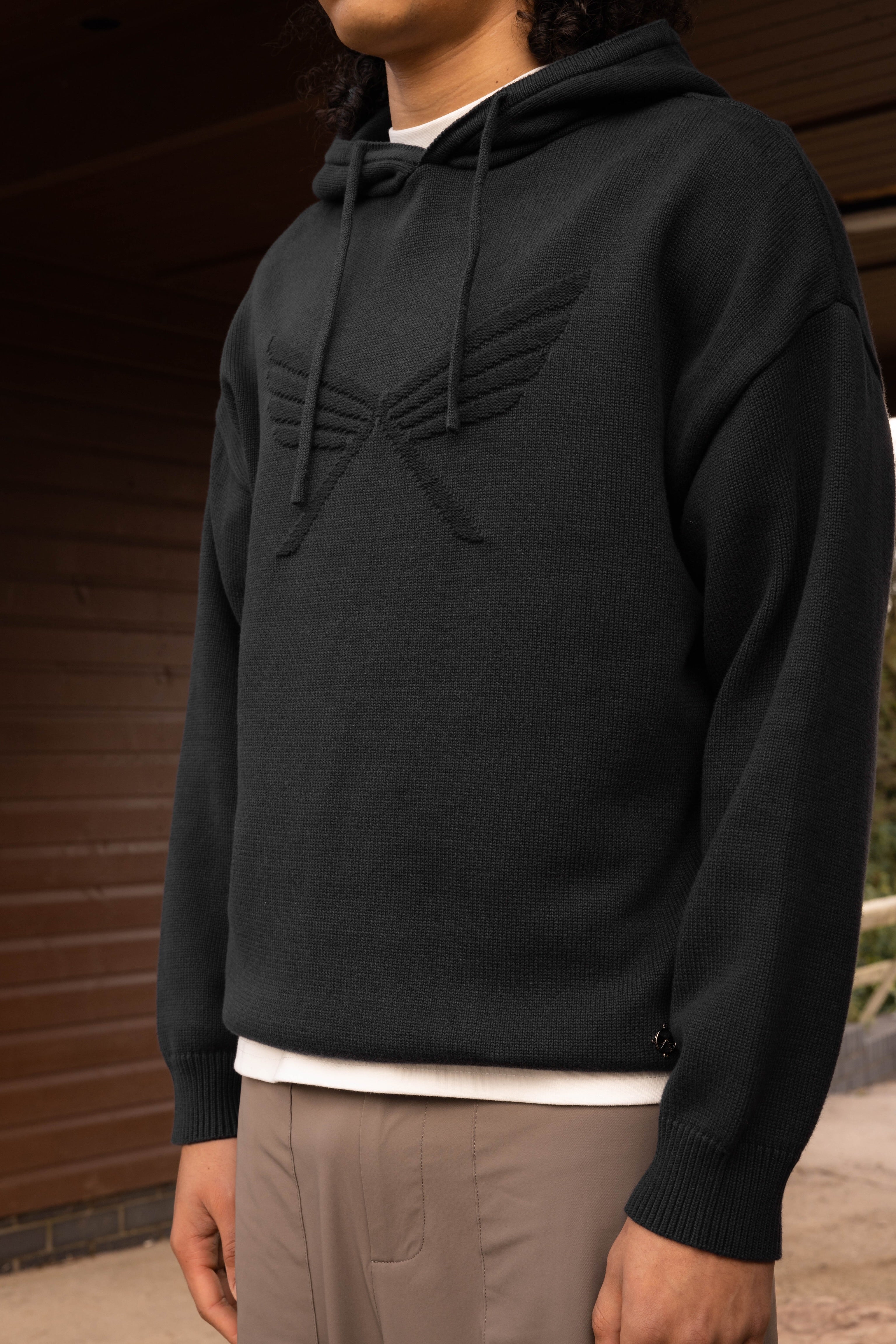 Culture Origins - Embossed Knitted Hoodie | Off Black