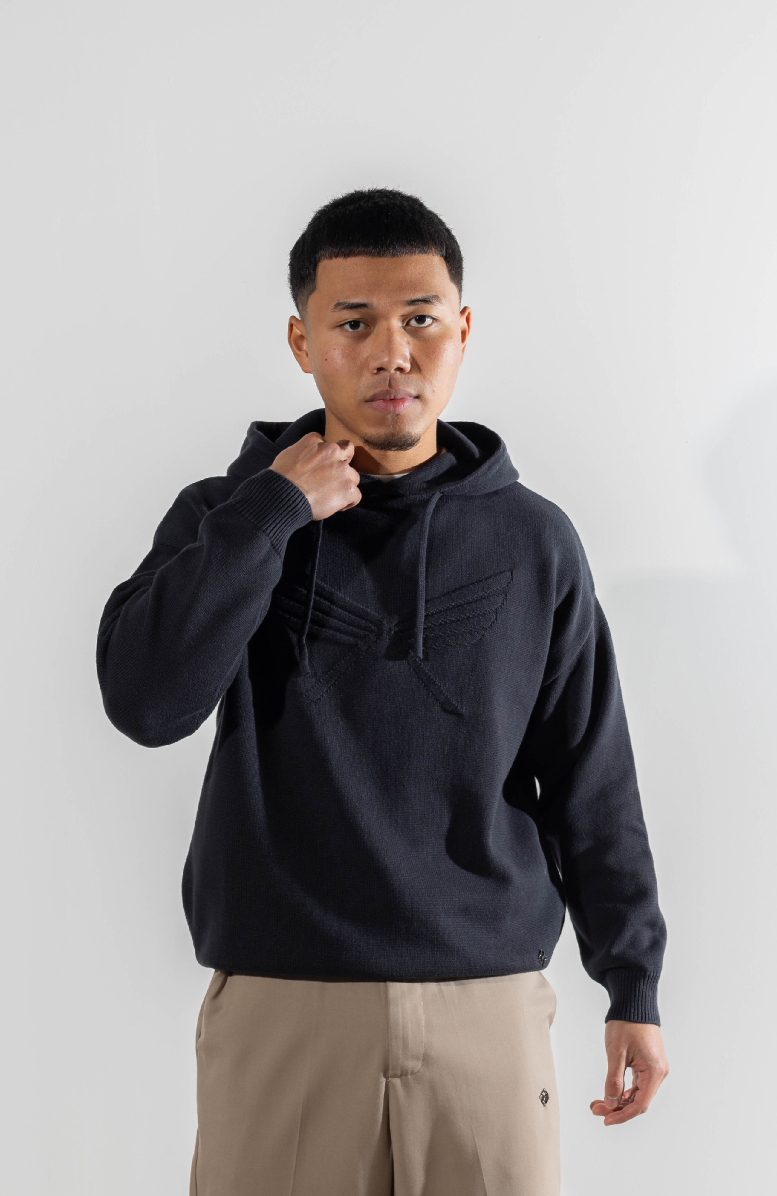Culture Origins - Embossed Knitted Hoodie | Off Black